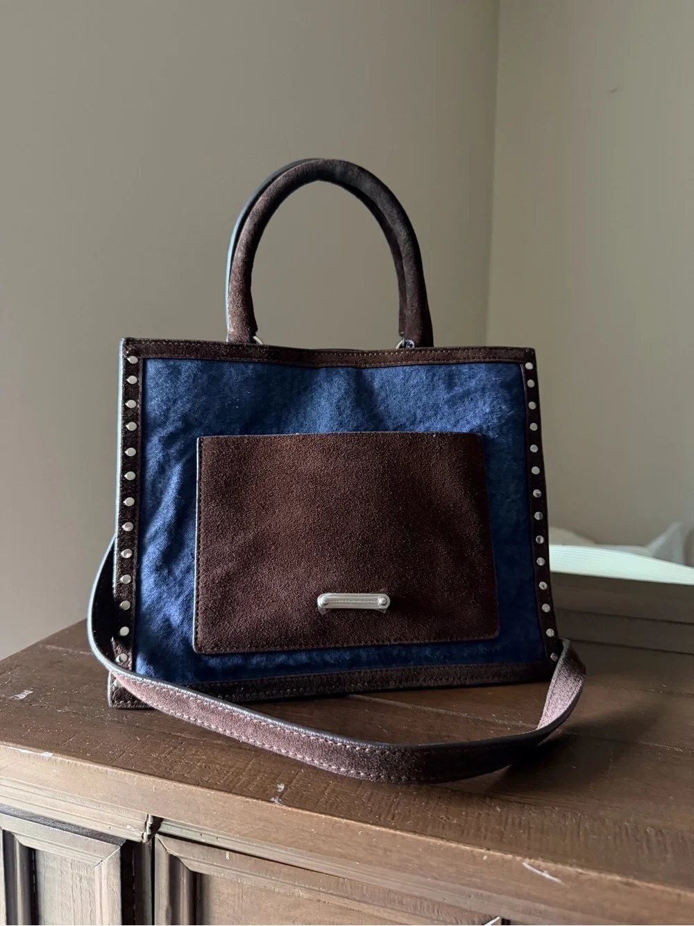 Rebecca Minkoff Navy Suede Satchel with Brown Trim